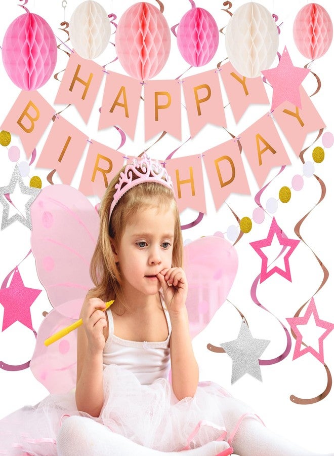 meowtastic Birthday Decorations, Happy Birthday Banner with Honeycomb Balls, Stars Hanging Swirls Streamers, Circle Dots Garland, Happy Birthday Party Decorations for Women Men Boys Girls (Pink) - Image 3