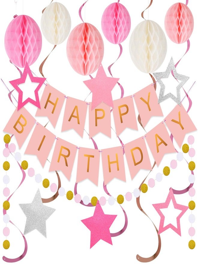 meowtastic Birthday Decorations, Happy Birthday Banner with Honeycomb Balls, Stars Hanging Swirls Streamers, Circle Dots Garland, Happy Birthday Party Decorations for Women Men Boys Girls (Pink) - Image 1