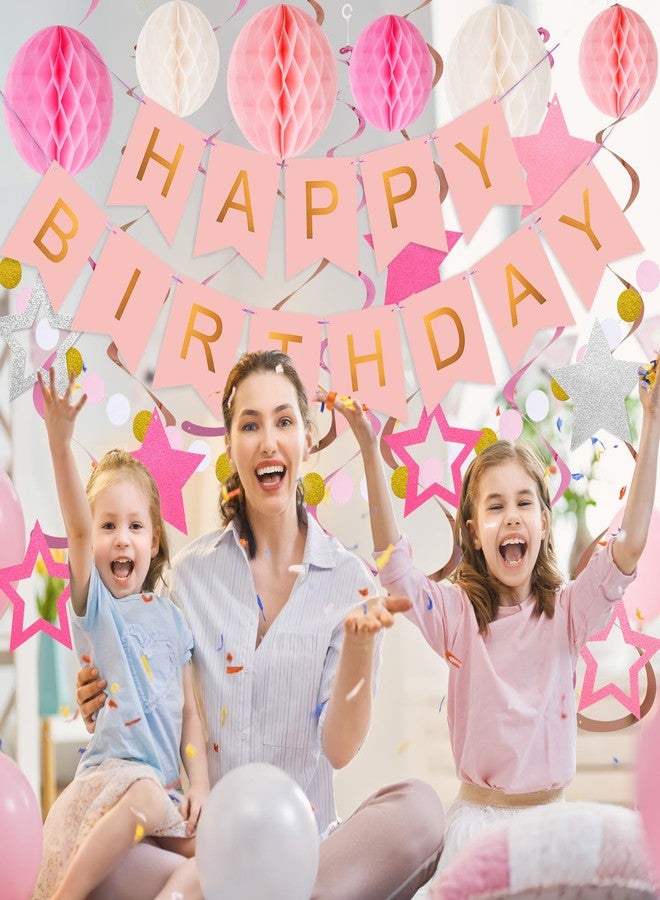 meowtastic Birthday Decorations, Happy Birthday Banner with Honeycomb Balls, Stars Hanging Swirls Streamers, Circle Dots Garland, Happy Birthday Party Decorations for Women Men Boys Girls (Pink) - Image 5