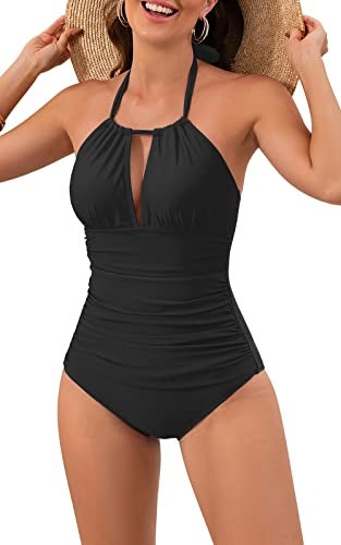 B2prity Women's Slimming One Piece Swimsuits Tummy Control Bathing Suit Halter Swimwear for Big Busted Curvy Woman A-Black - Image 1