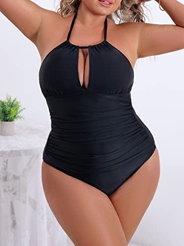 B2prity Women's Slimming One Piece Swimsuits Tummy Control Bathing Suit Halter Swimwear for Big Busted Curvy Woman A-Black - Image 3