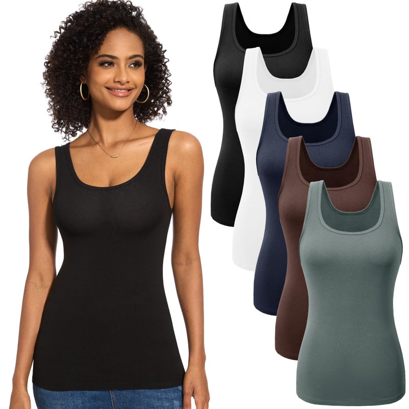 TVKSOM 5 Pack Basic Tank Tops for Women Undershirt Ribbed Sleeveless Scoop Neck Casual Layering Basic Tanks Top - Image 1