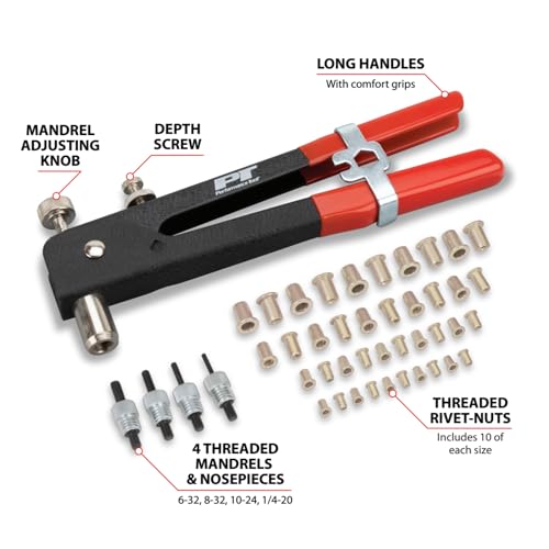 Performance Tool مجموعة أدوات تثبيت الأزرار W2006 SAE من Performance Tool، أداة تثبيت، مسدس أزرار، أداة تثبيت يدوية، مسدس أزرار، أدوات تثبيت مع 45 قطعة، أزرار مترية مشمولة -/32، 8-32، 10-24، 1/4-20 - Image 2