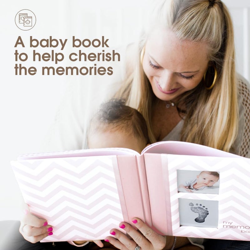 pearhead Baby Memory Book, First 5 Years Baby Milestone Book, Pregnancy Journal, Gender Neutral Newborn Keepsake, With Clean-Touch Ink Pad For Baby's Handprint or Footprint, Pink Chevron - Image 3