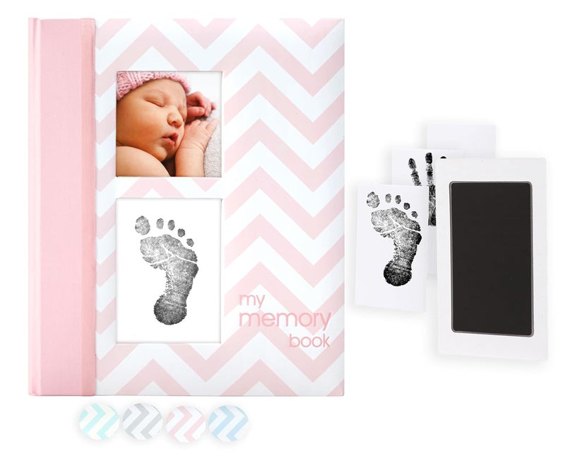 pearhead Baby Memory Book, First 5 Years Baby Milestone Book, Pregnancy Journal, Gender Neutral Newborn Keepsake, With Clean-Touch Ink Pad For Baby's Handprint or Footprint, Pink Chevron - Image 1