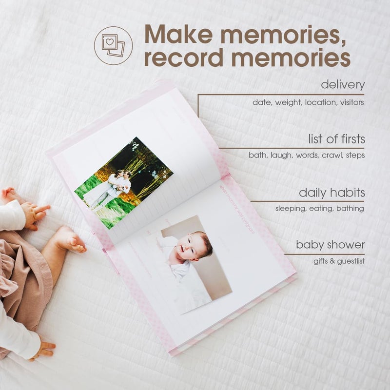 pearhead Baby Memory Book, First 5 Years Baby Milestone Book, Pregnancy Journal, Gender Neutral Newborn Keepsake, With Clean-Touch Ink Pad For Baby's Handprint or Footprint, Pink Chevron - Image 4