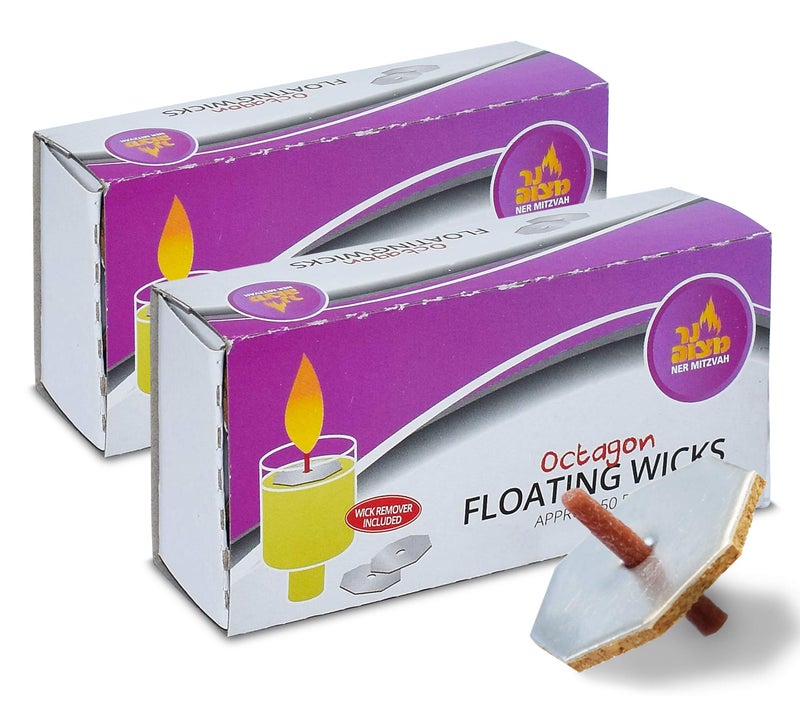 Ner Mitzvah Octagon Floating and Cotton Wicks, Cork Disc Holders for Oil Cups, Bonus Wick Removal Tweezers - 100 Count (Approx.) - Image 1