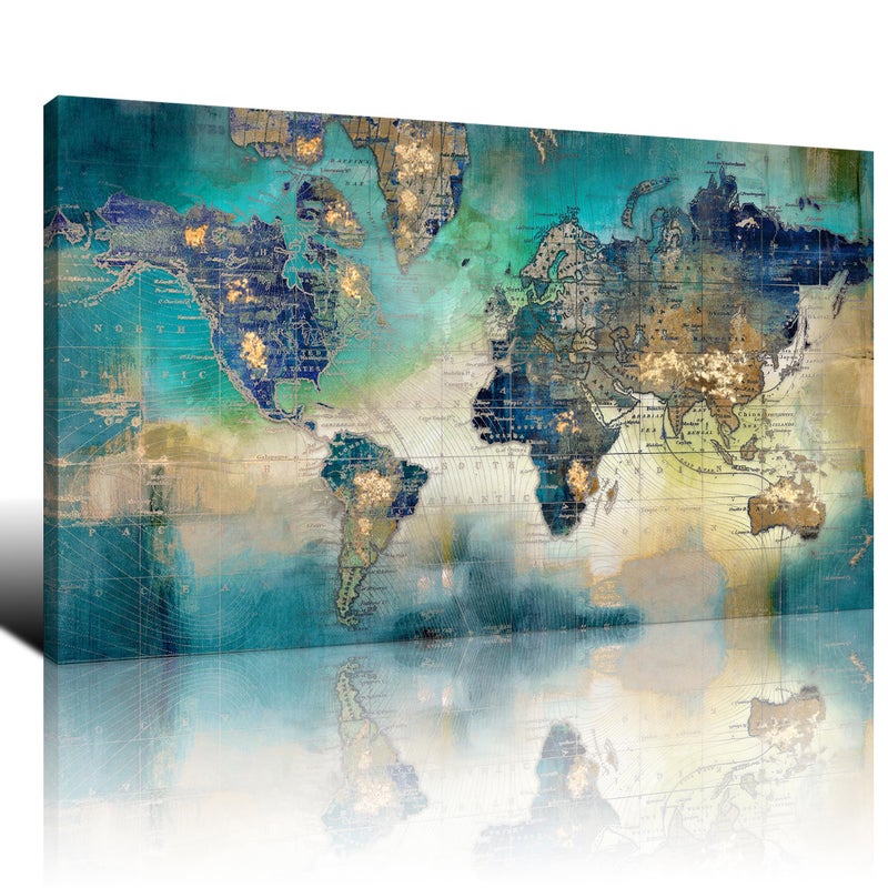 Large World Map Canvas Prints Wall Art for Living Room Office 24x48 Green World Map Picture Artwork Decor for Home Decoration