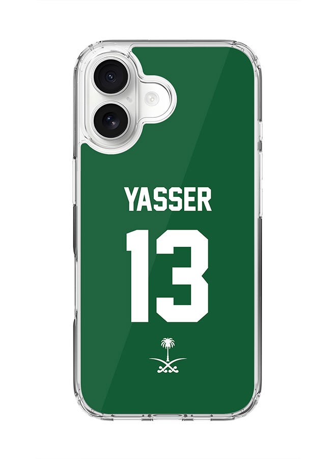 Stylizedd Classic Clear MagSafe Case for iPhone 17 , Hybrid Soft Case Flexible Edges Anti Drop TPU PC Gel Thin Transparent Cover [ Designed for iPhone 17 ] - Football Team - Saudi Arabia, Player Name - Yasser