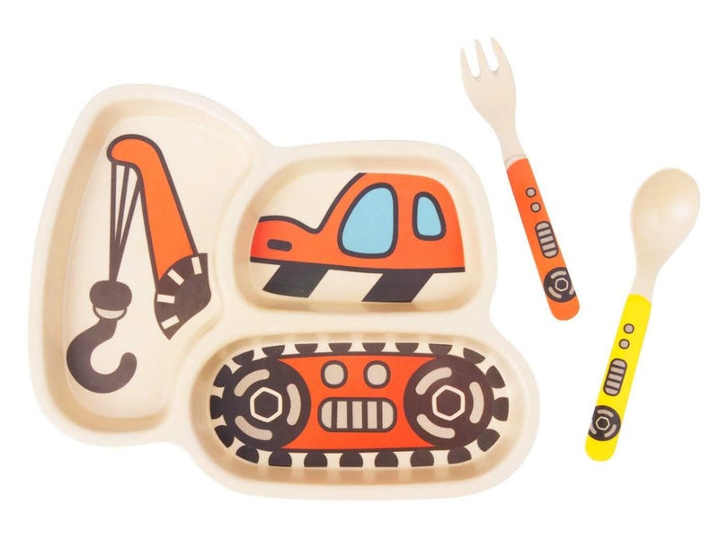 Lightening Kid Plate Set Bamboo Toddler Plates Dinnerware Dinner Dish Set Baby Feeding Spill Proof Divided Plate - Baby Spoon and fork 3-Piece Set for Kids and Toddlers Teaches Child Portion Control - Image 1