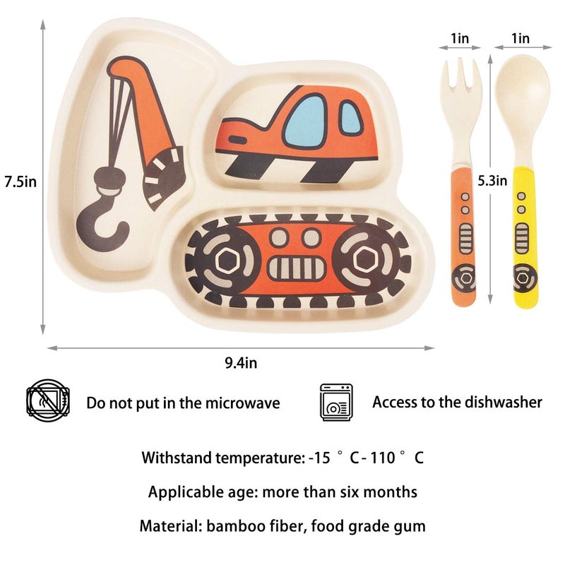 Lightening Kid Plate Set Bamboo Toddler Plates Dinnerware Dinner Dish Set Baby Feeding Spill Proof Divided Plate - Baby Spoon and fork 3-Piece Set for Kids and Toddlers Teaches Child Portion Control - Image 3