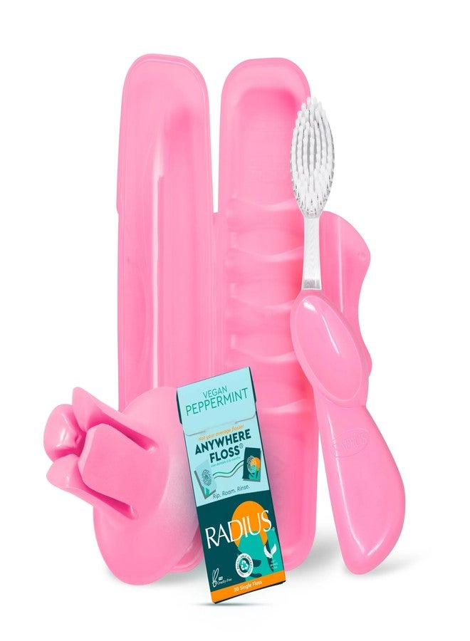 RADIUS Vacation Pastel Bundle, Includes Right Handed Big Brush with Replaceable Head, Toothbrush Travel Case, DOC Toothbrush Holder, Anywhere Travel Floss Packette, Pink, 4 Piece Bundle