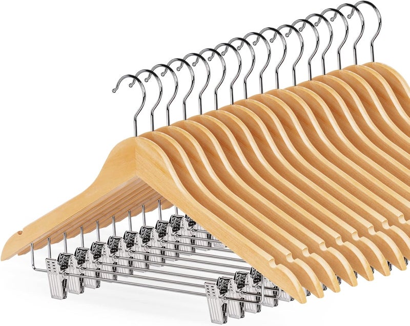HOUISM HOUSM 16Pack Wooden Skirt Hangers with Clips, Solid Wood Pants Hangers, Natural, Smooth Finish, High-Grade Selected Wood, Sturdy Metal Clips for Blouse, Dress, Coat, Jacket - Image 1