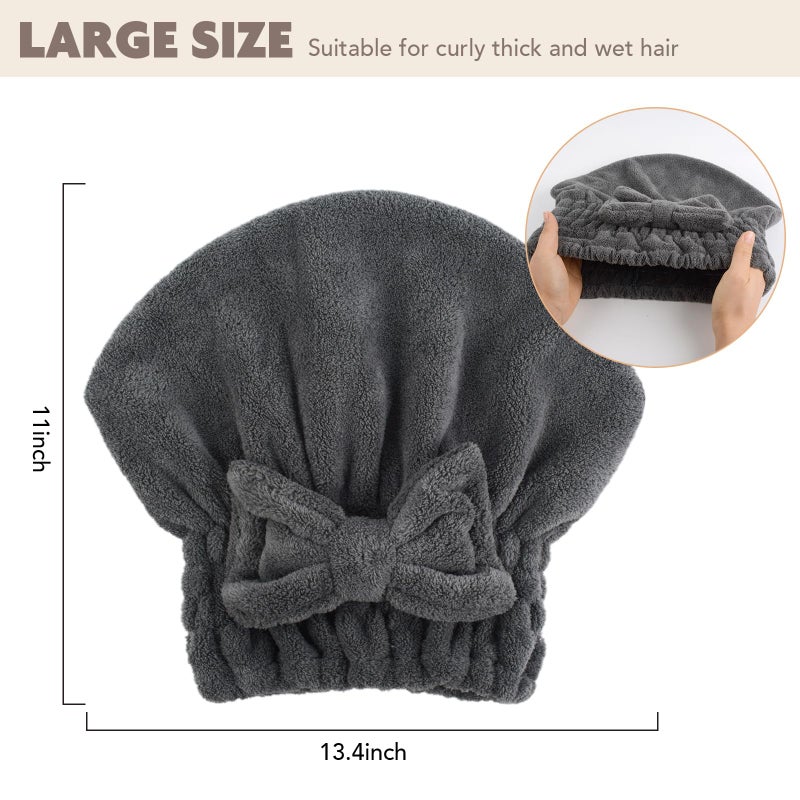 SUNLAND Large Microfiber Hair Drying Caps with Bow knot Fast Drying Shower Cap Soft and Absorbent hairWrap Hair Turban Bath Caps for Curly Thick and wet Hair 11 X 13.4 inch 2 Pack Dgrey - Image 5
