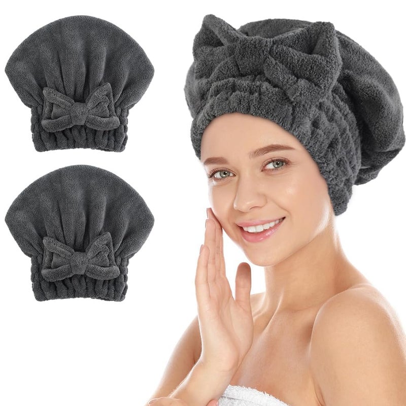 SUNLAND Large Microfiber Hair Drying Caps with Bow knot Fast Drying Shower Cap Soft and Absorbent hairWrap Hair Turban Bath Caps for Curly Thick and wet Hair 11 X 13.4 inch 2 Pack Dgrey - Image 1