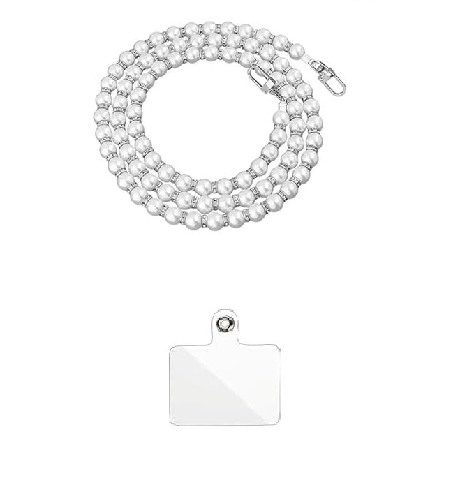 KHOLAD Phone Strap Silver Chain Crossbody Pearl Strap, Pearl Beaded Chain With Diamond Ring, Shoulder Crossbody Lanyard With Phone Tether Patches - Image 1