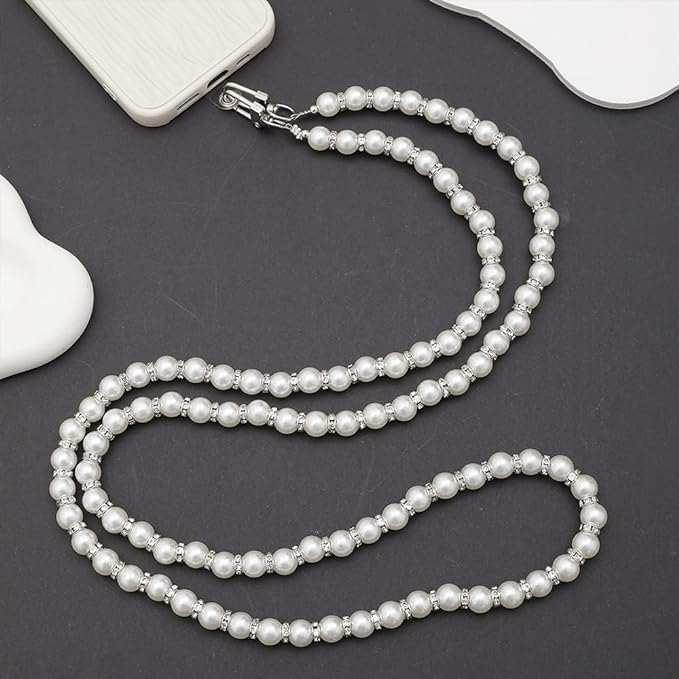 KHOLAD Phone Strap Silver Chain Crossbody Pearl Strap, Pearl Beaded Chain With Diamond Ring, Shoulder Crossbody Lanyard With Phone Tether Patches - Image 2