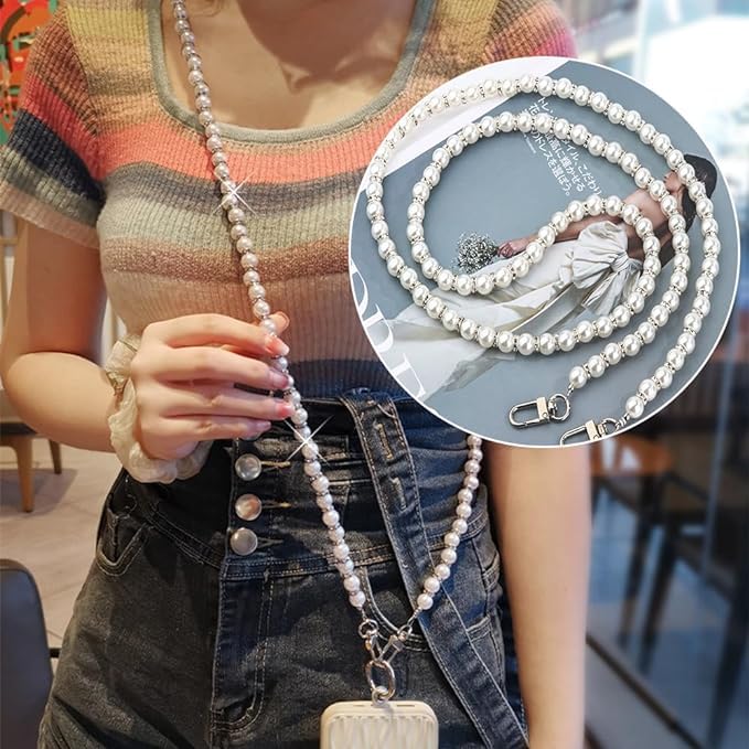 KHOLAD Phone Strap Silver Chain Crossbody Pearl Strap, Pearl Beaded Chain With Diamond Ring, Shoulder Crossbody Lanyard With Phone Tether Patches - Image 3