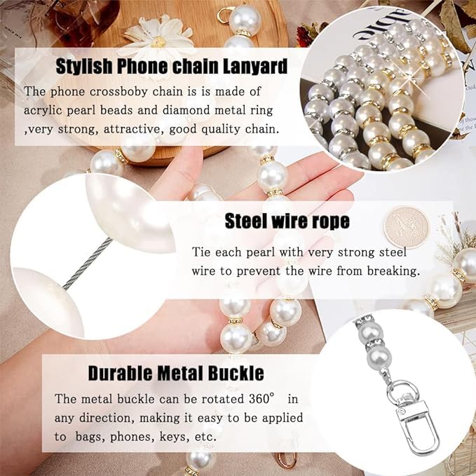 KHOLAD Phone Strap Silver Chain Crossbody Pearl Strap, Pearl Beaded Chain With Diamond Ring, Shoulder Crossbody Lanyard With Phone Tether Patches - Image 4