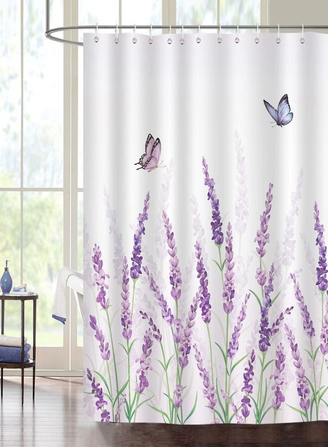 Bonhause Purple Lavender Shower Curtain, Spring Lilac Floral Butterfly Bathroom Decor 72x72 Inch Polyester Fabric Waterproof Bath Curtain with 12 Hooks - Image 1