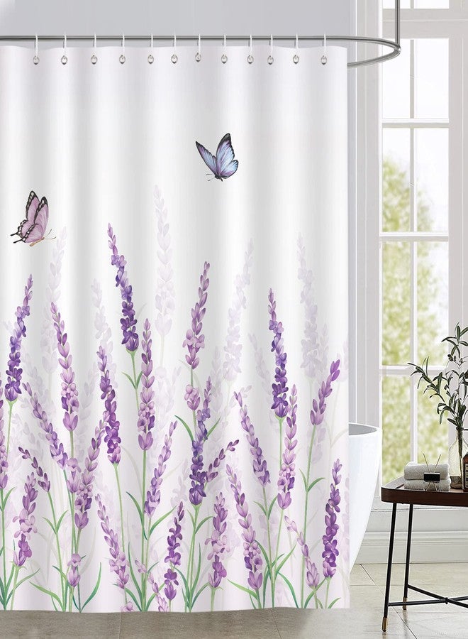 Bonhause Purple Lavender Shower Curtain, Spring Lilac Floral Butterfly Bathroom Decor 72x72 Inch Polyester Fabric Waterproof Bath Curtain with 12 Hooks - Image 2