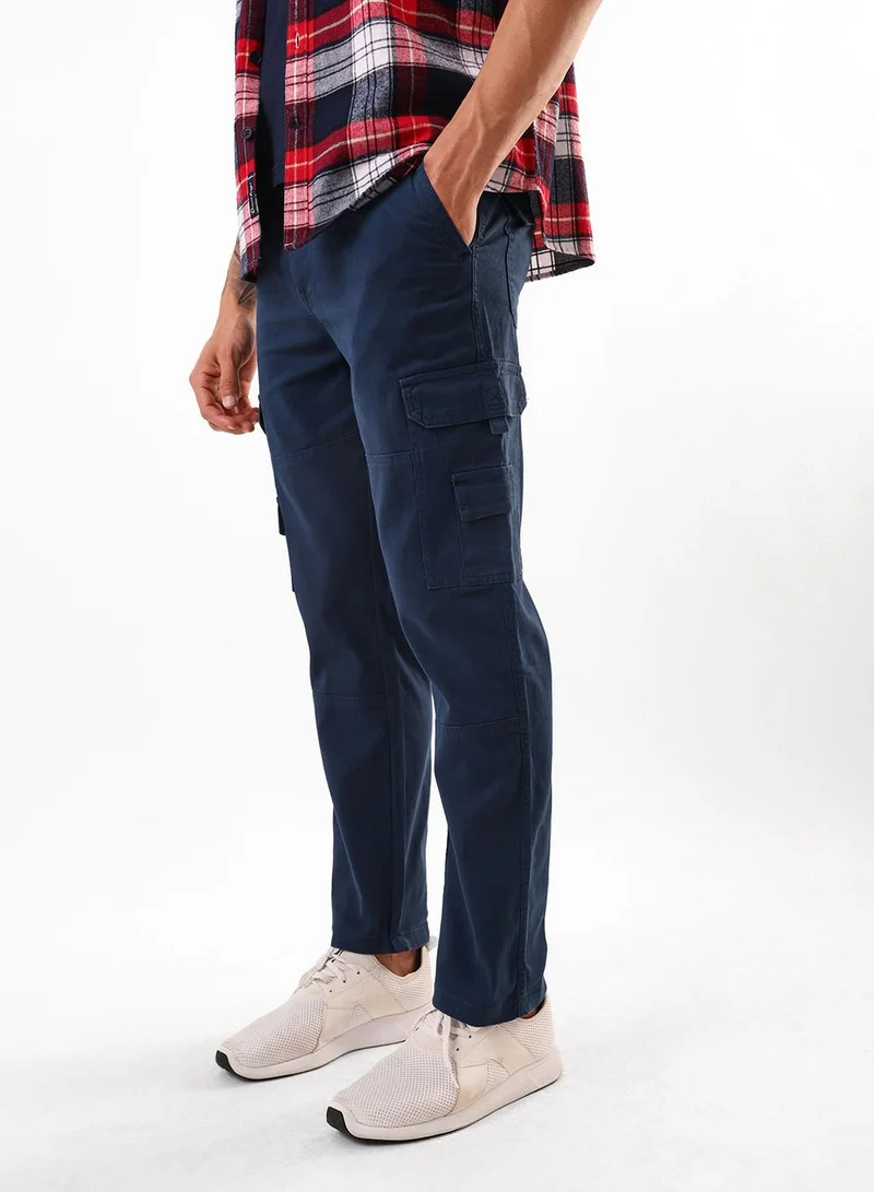 Men's Denim Blue Cotton Blend Full Relaxed Cargo Trouser
