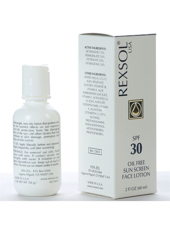 REXSOL لوشن واقي من الشمس خالي من الزيت SPF 30 للوجه | مع فيتامين C، فيتامين E وفيتامين A | يوفر حماية معززة كاملة ضد أشعة UVA و UVB | يحارب الشيخوخة المبكرة. (60 مل / 2 أونصة سائلة) - Image 2