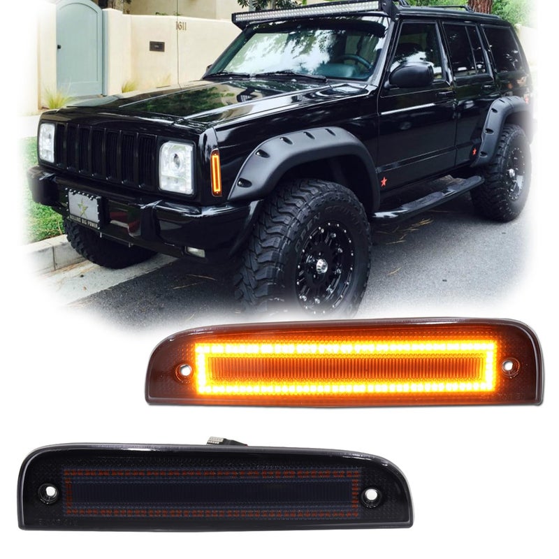 أضواء علامة جانبية LED أمامية 2 قطعة لجيب شيروكي XJ 1997-2001 مصابيح إشارة وقوف السيارات بزاوية الصدام عدسة مدخنة ملحقات جيب شيروكي عدسة كهرمانية