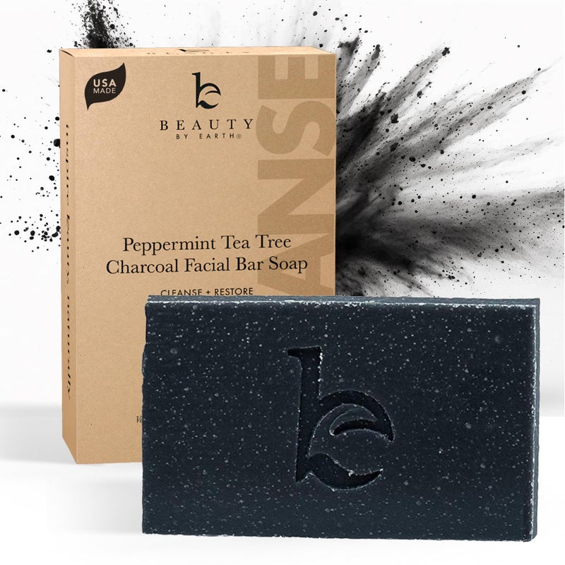Beauty by Earth Peppermint Tea Tree Charcoal Facial Bar Soap  USA Made with Natural  Organic Ingredients Face Wash Black Soap Bar for Acne Eczema  Psoriasis Detoxifying Charcoal for Oily  Sensitive Skin