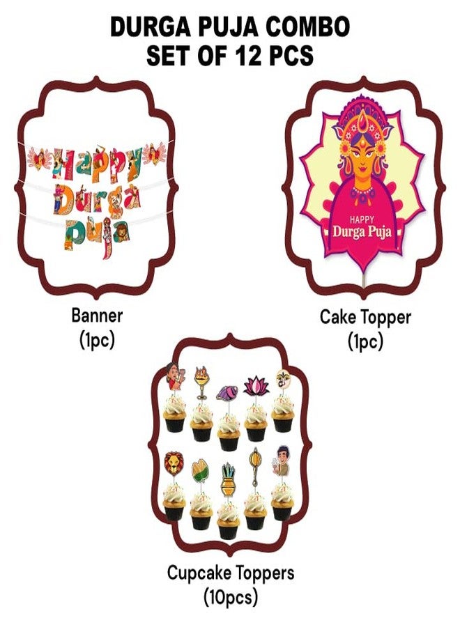 Festiko®Happy Durga Puja 12 Pcs Decoration,Durga Puja Decoration Items,Decorative Items for Durga Puja,Navratri Festival Decoration,Puja Party Supplies Banner,Cake Topper,Cup Cake Toppers - Image 2