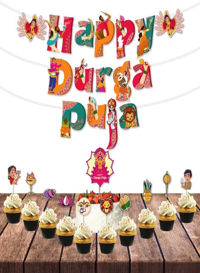 Festiko®Happy Durga Puja 12 Pcs Decoration,Durga Puja Decoration Items,Decorative Items for Durga Puja,Navratri Festival Decoration,Puja Party Supplies Banner,Cake Topper,Cup Cake Toppers - Image 1