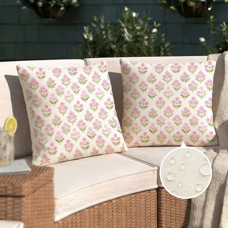 RABUSOFA Pink Vintage Floral Summer Pillow Covers Set of 2,Seasonal Flower Oudtdoor Decorative Throw Cuchion Cases Spring Summer Decorations for Home Patio Couch Decor 18x18 Inch - Image 2