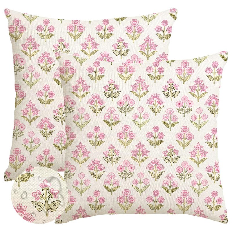 RABUSOFA Pink Vintage Floral Summer Pillow Covers Set of 2,Seasonal Flower Oudtdoor Decorative Throw Cuchion Cases Spring Summer Decorations for Home Patio Couch Decor 18x18 Inch - Image 1