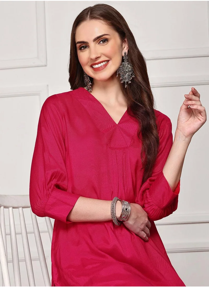 ISHIN Women's Pink Viscose Blend Embellished Tunic Full Length Palazzo Straight Fit Kurta Set