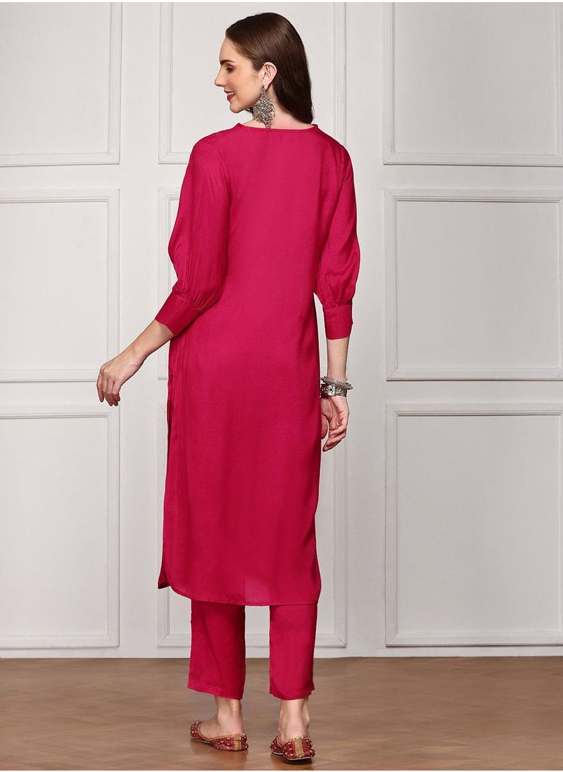 ISHIN Women's Pink Viscose Blend Embellished Tunic Full Length Palazzo Straight Fit Kurta Set  - Image 5
