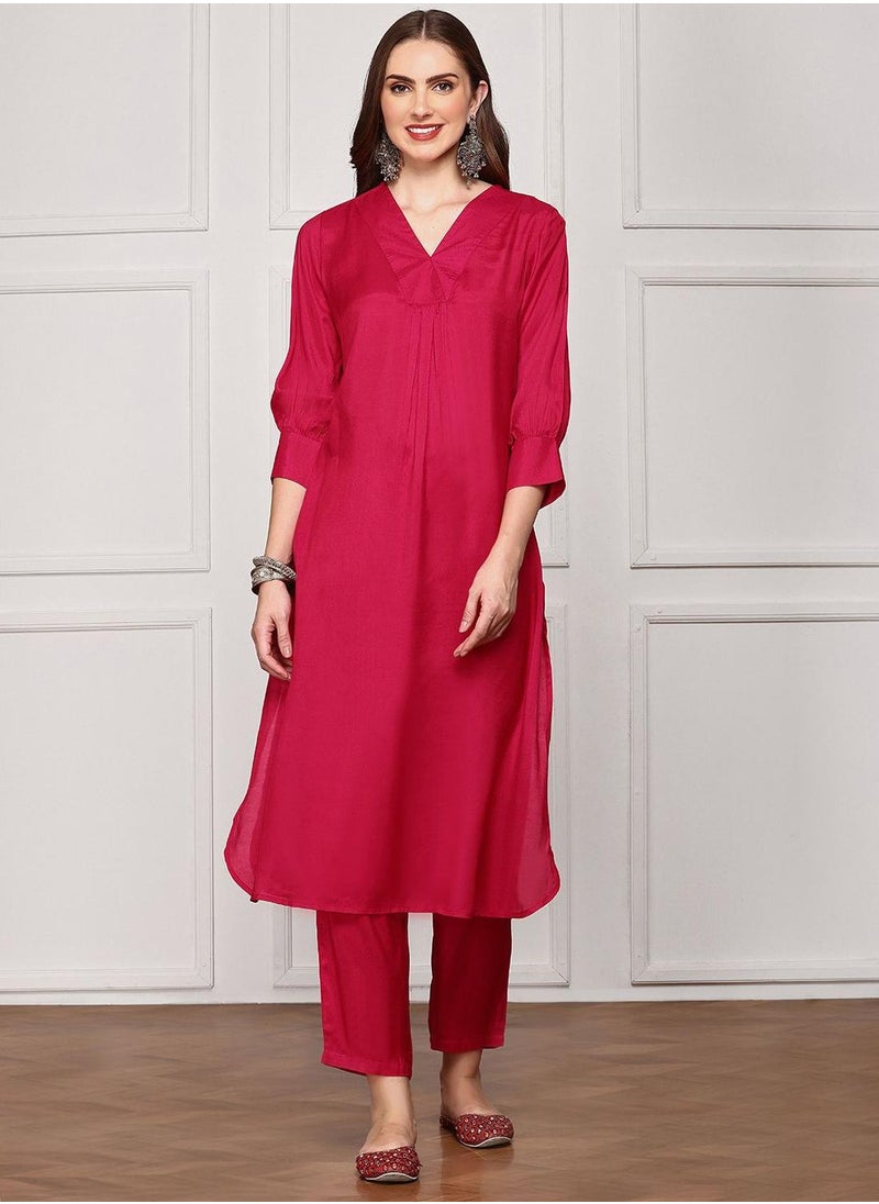 ISHIN Women's Pink Viscose Blend Embellished Tunic Full Length Palazzo Straight Fit Kurta Set  - Image 2