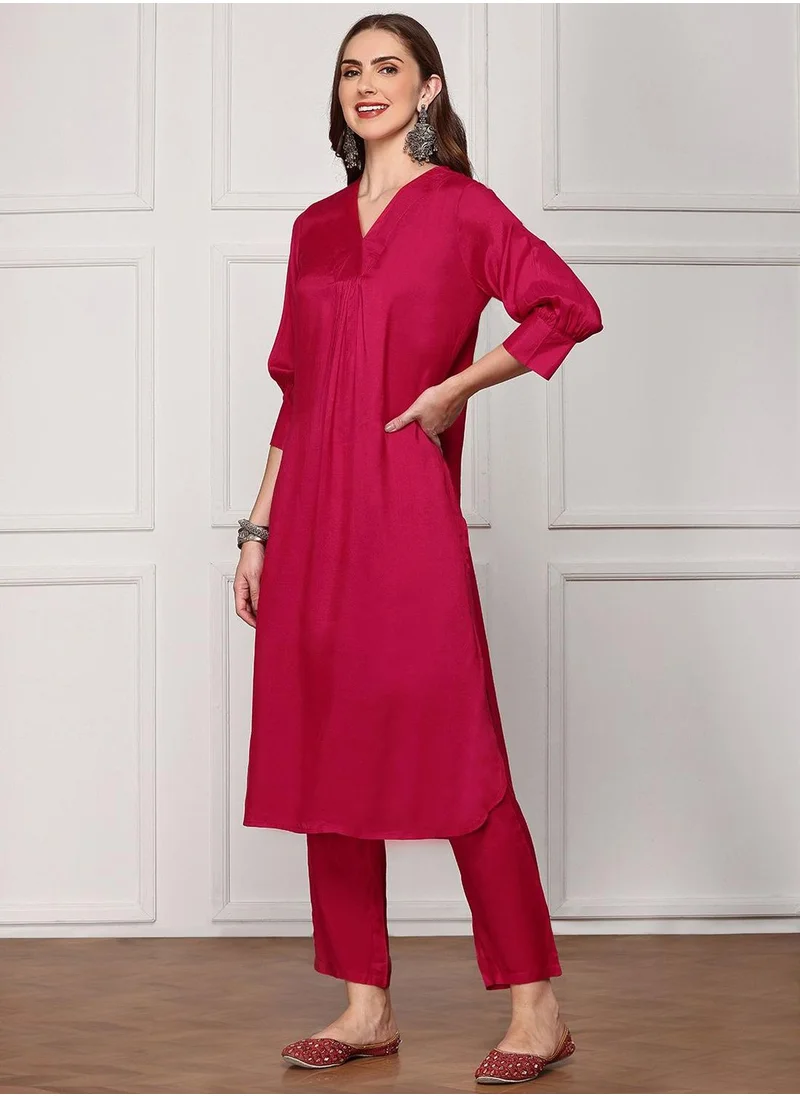 ISHIN Women's Pink Viscose Blend Embellished Tunic Full Length Palazzo Straight Fit Kurta Set