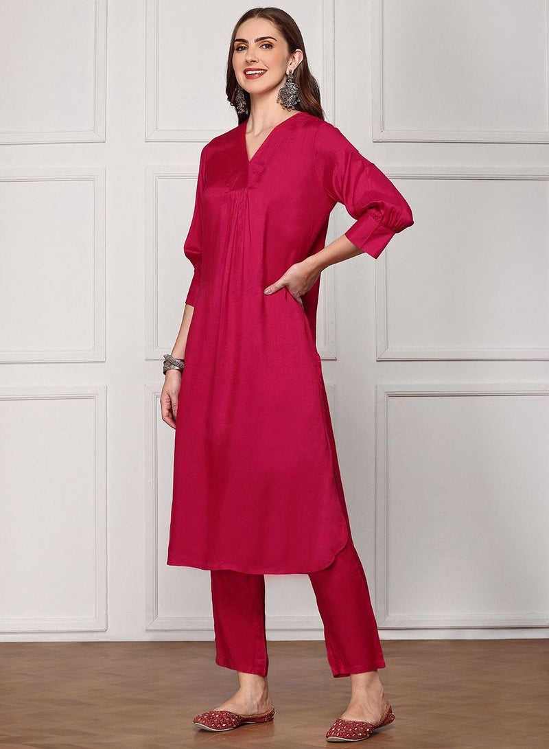 ISHIN Women's Pink Viscose Blend Embellished Tunic Full Length Palazzo Straight Fit Kurta Set  - Image 5