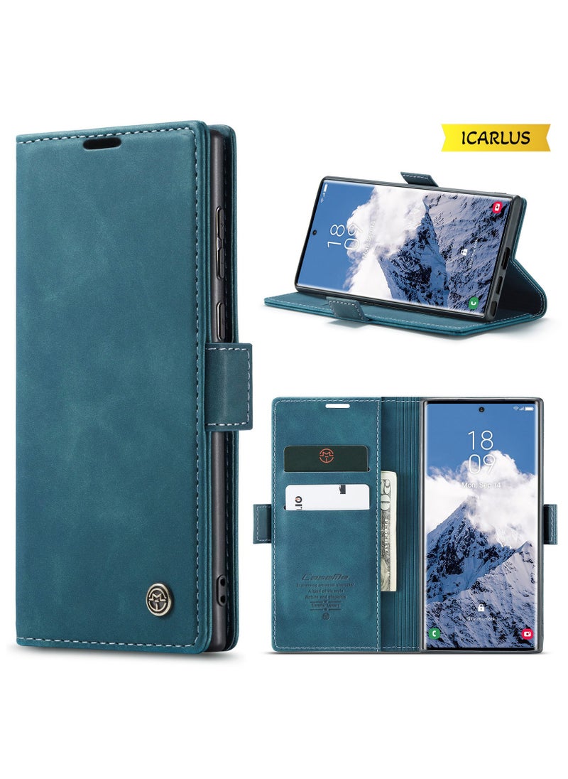 ICARLUS For Samsung Galaxy S25 Ultra Case PU Leather Stand View Business Phone Cover - Blue  - Image 1