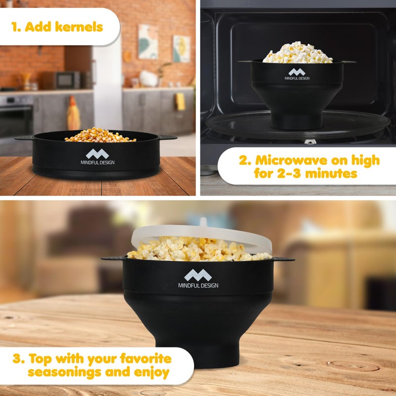 Mindful Design The Original Mindful Design Collapsible Microwave Popcorn Popper - Silicone Bowl, BPA-Free & Dishwasher Safe (Black) - Image 3