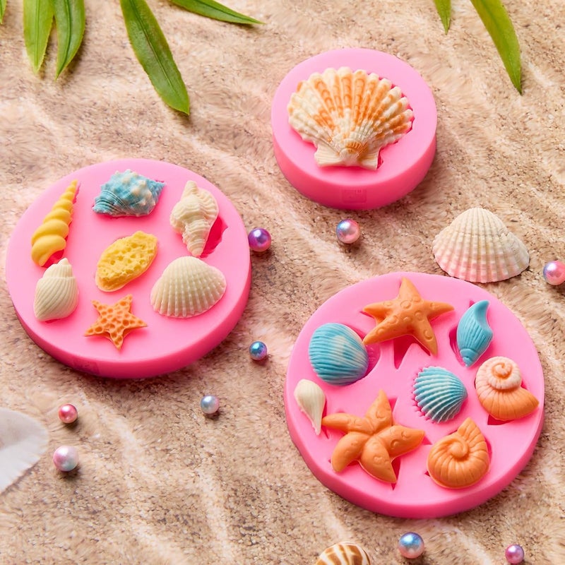 Puyeipt 3 Pcs Marine Silicone Fondant Molds, Seashell Conch Starfish Chocolate Candy Molds for Cupcake Topper, Cake Pop Decoration and Clay Craft Making - Image 4