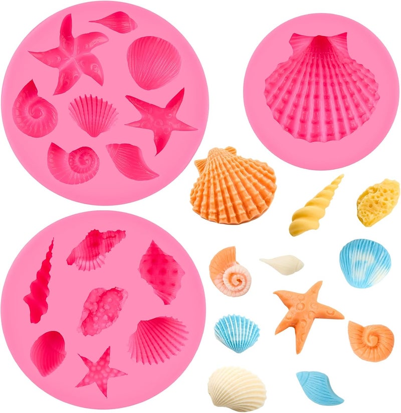 Puyeipt 3 Pcs Marine Silicone Fondant Molds, Seashell Conch Starfish Chocolate Candy Molds for Cupcake Topper, Cake Pop Decoration and Clay Craft Making - Image 1