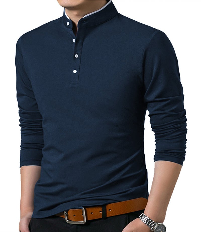 KUYIGO Men's Casual Slim Fit Shirts Long Sleeve Polo Mandarin Collared Lightweight T-Shirts Navy Small - Image 4