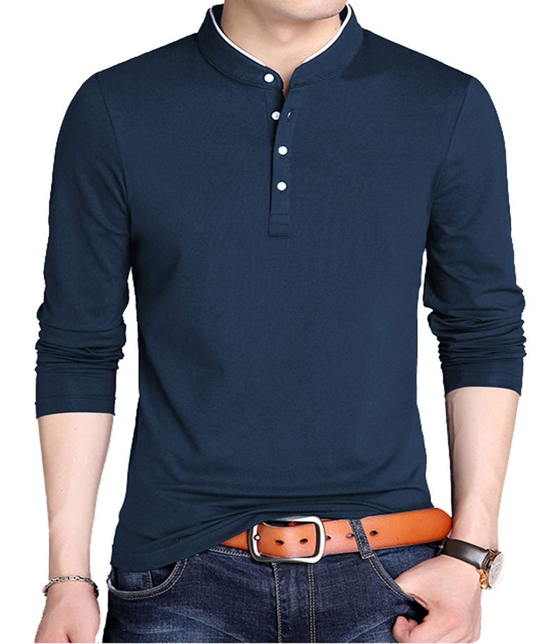 KUYIGO Men's Casual Slim Fit Shirts Long Sleeve Polo Mandarin Collared Lightweight T-Shirts Navy Small - Image 3
