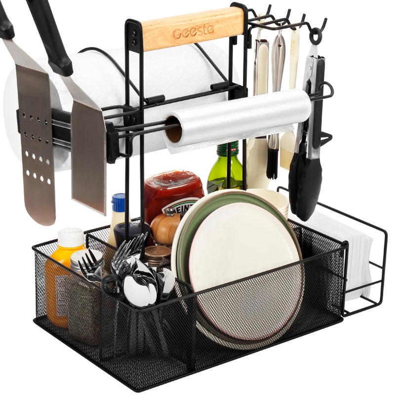 Geesta Grill Caddy for Outdoor Grill, BBQ Picnic Camping Caddy with Paper Towel Holder & Magnetic Tool Holder, Condiment Storage Utensil Kitchen Organizer for RV Camper, Tailgate Accessories - Image 1