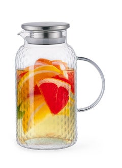 Fissman Fissman Embossed Glass Pitcher 1800mL with Stainless Steel Silicone Sealed Lid, Heat-Resistant Borosilicate Glass Jug, Hot/Cold and Fruit Juices Jug Iced Tea Beverage Carafe, Dishwasher Safe 