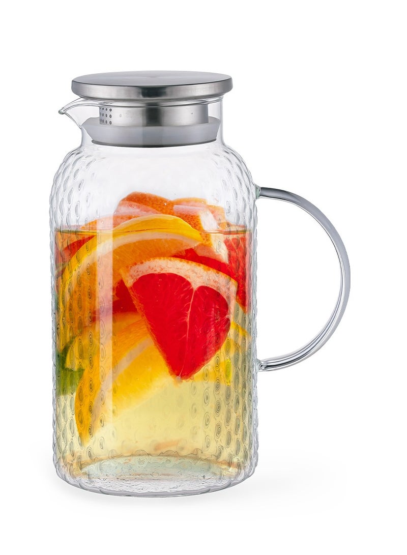 Fissman Fissman Embossed Glass Pitcher 1800mL with Stainless Steel Silicone Sealed Lid, Heat-Resistant Borosilicate Glass Jug, Hot/Cold and Fruit Juices Jug Iced Tea Beverage Carafe, Dishwasher Safe 