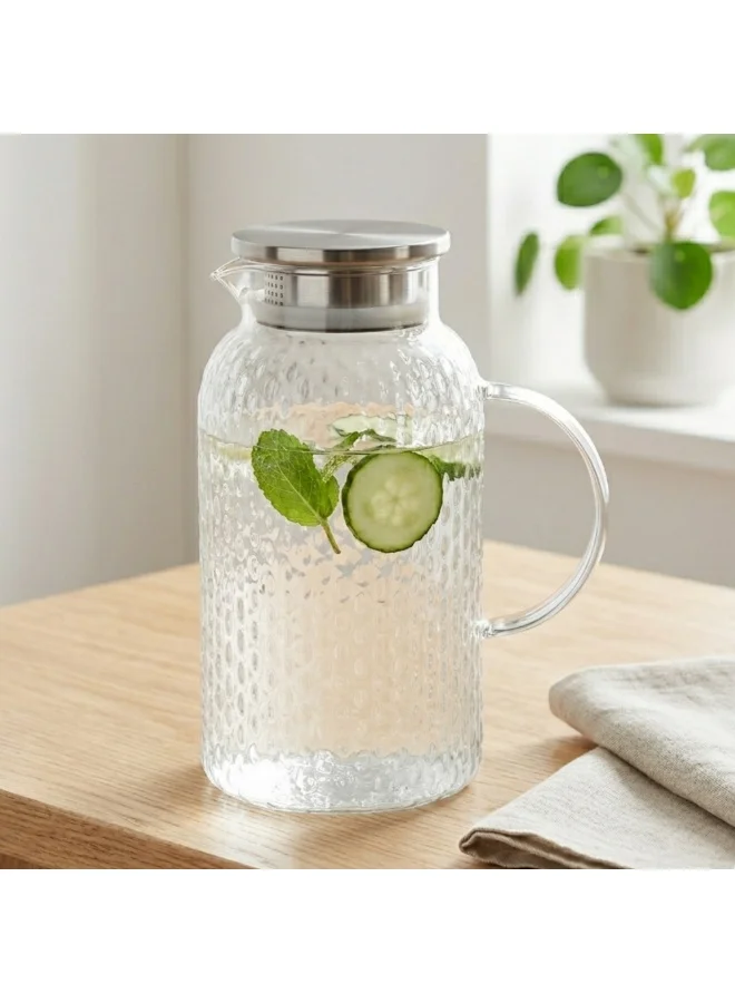Fissman Embossed Glass Pitcher 1800mL with Stainless Steel Silicone Sealed Lid, Heat-Resistant Borosilicate Glass Jug, Hot/Cold and Fruit Juices Jug Iced Tea Beverage Carafe, Dishwasher Safe