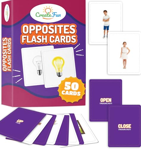 CreateFun Opposites Flash Cards for Kids Adults 50 Realistic Matching Picture Cards for Speech Therapy Dementia Activities ESL Autism Learning Memory Language Development Classroom Home Use - Image 1