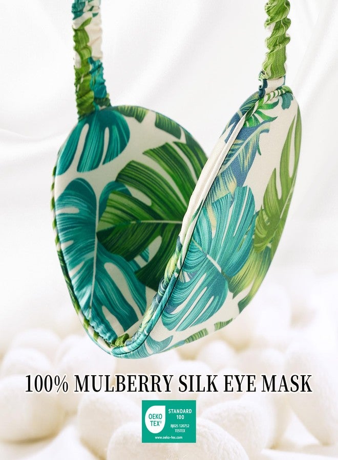 THXSILK Sleep Mask 100% 19 Momme Pure Mulberry Silk Super Smooth Cooling Decorative Sleep Eye Mask Blackout Eye Cover with Wide Head Strap, Monstera-Green - Image 2